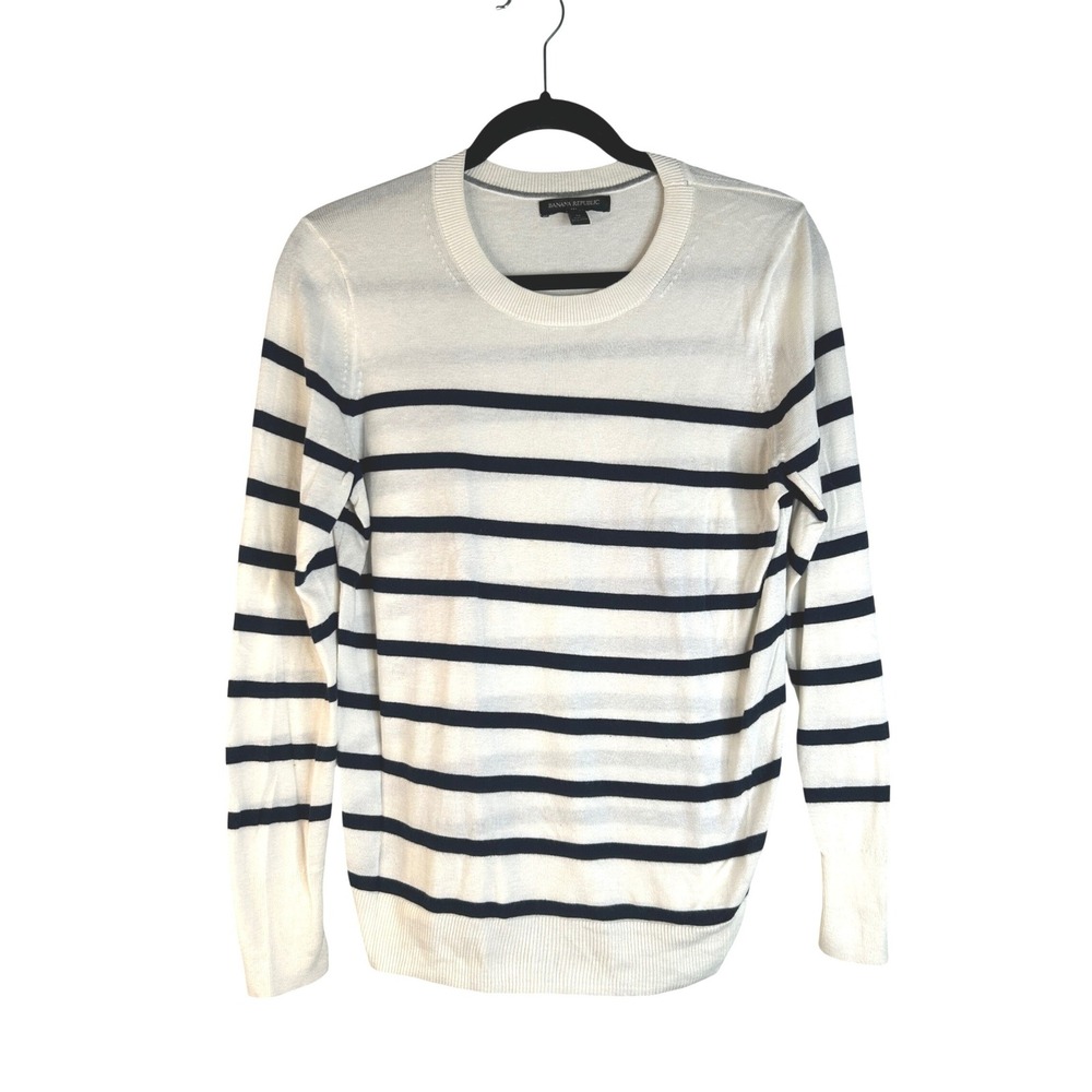 Banana Republic Women's White Navy Striped Crewneck Long Sleeve Sweater Medium